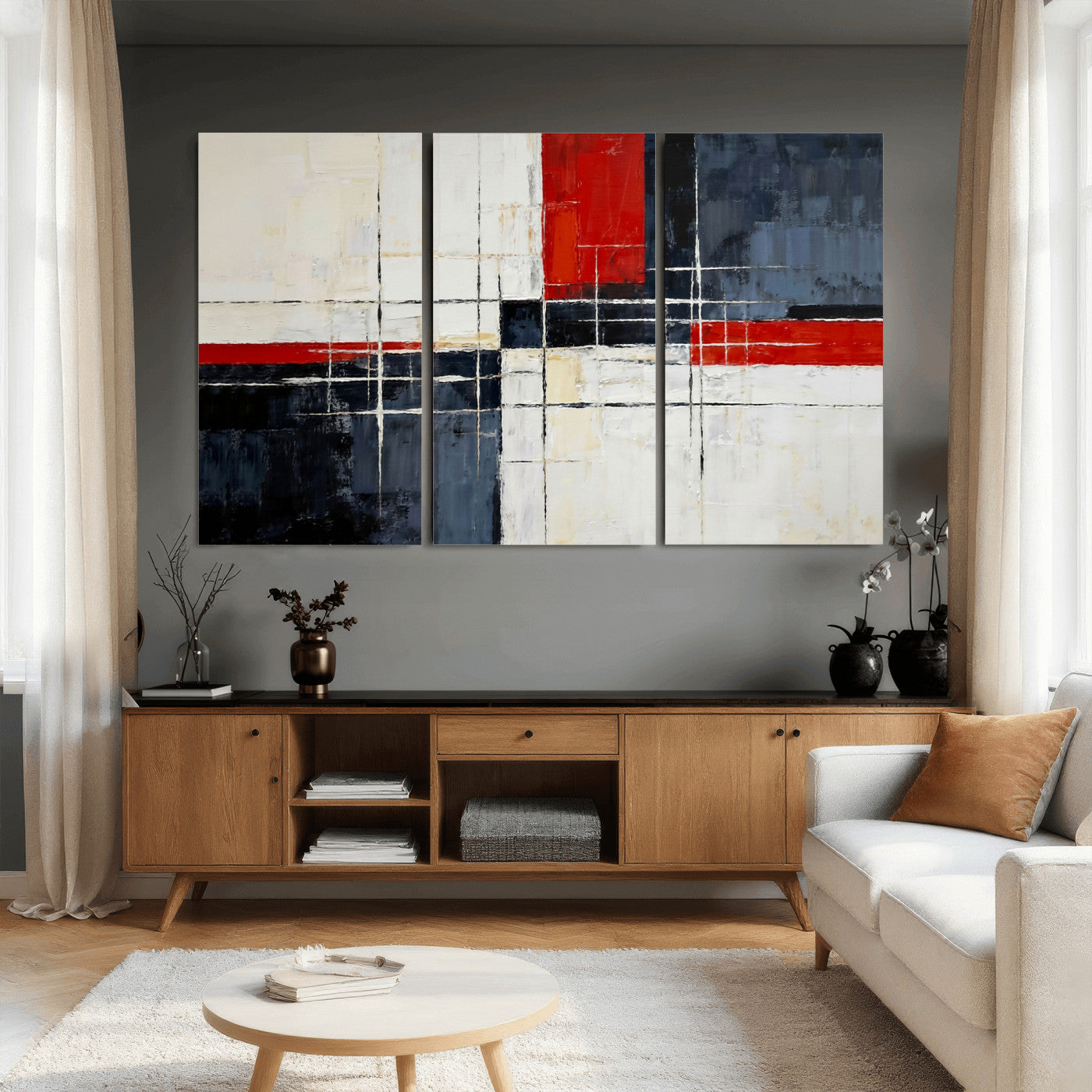11921181-MGV-CV-36X24 - Navy Red Abstract Wall Art Canvas Print, Modern Luxury Geometric Painting Wall Decor for Living Room and Office