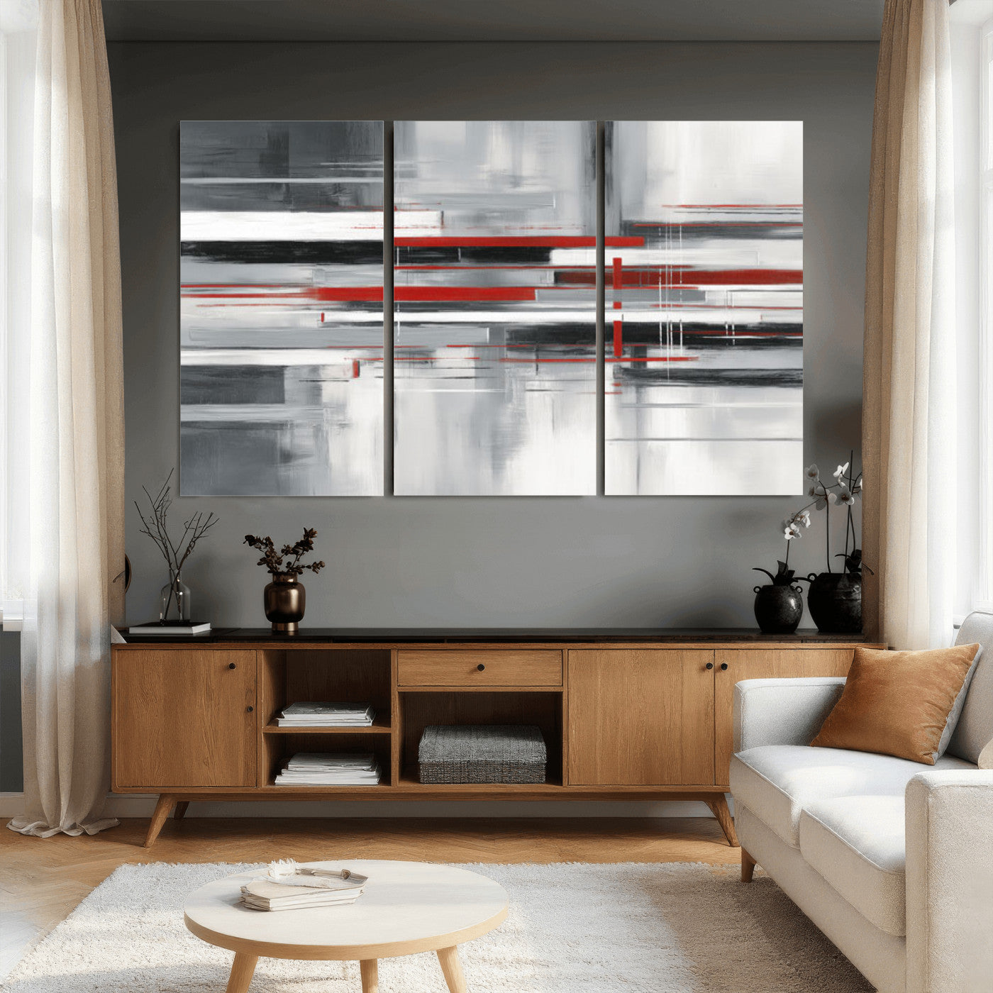 62640681-MGV-CV-36X24 - Gray Red Abstract Wall Art Canvas Print, Modern Abstract Canvas Wall Decor for Contemporary Living Room and Office