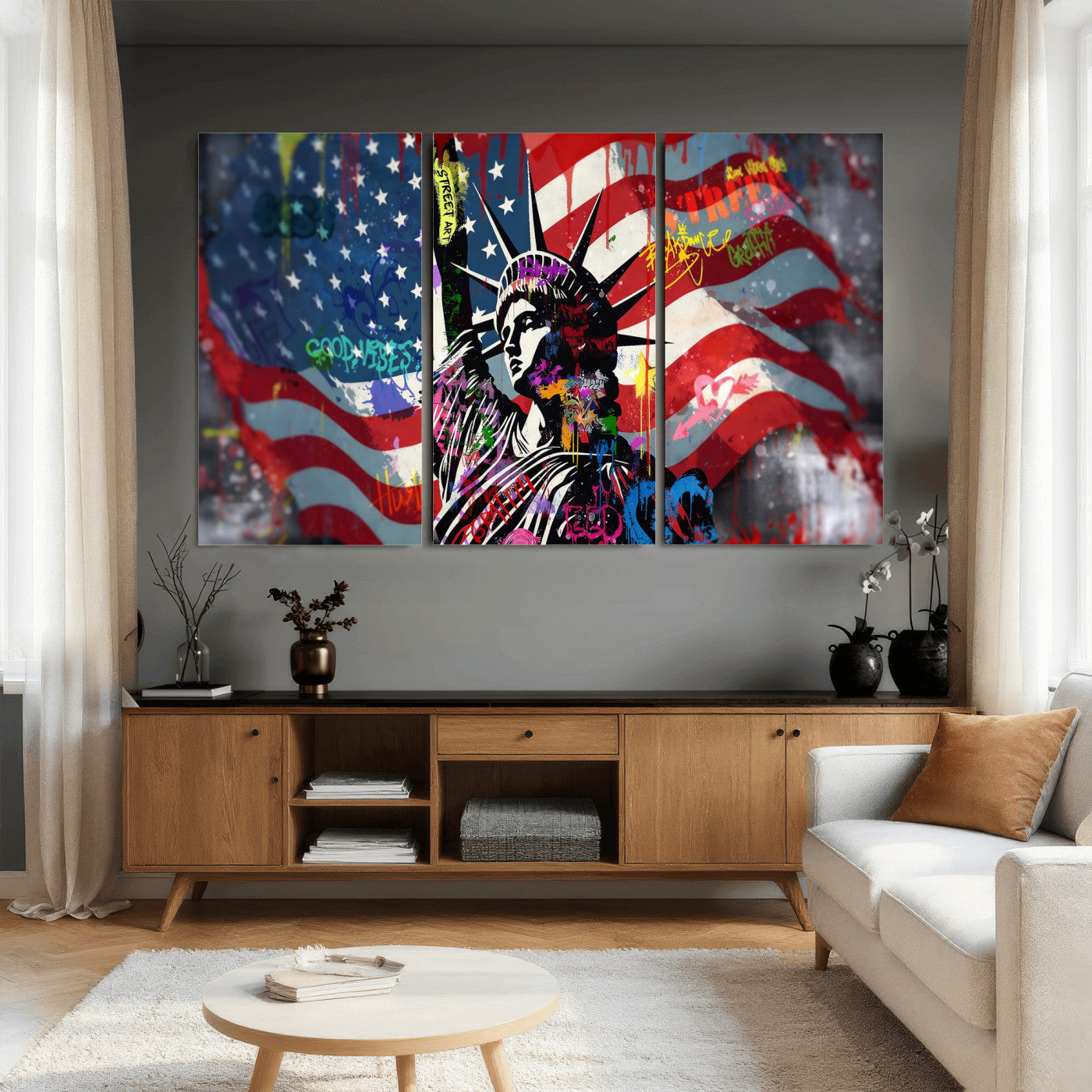 32151941-MGV-CV-36X24 - USA Statue of Liberty Graffiti Street Art Wall Art Canvas Print, American Flag Urban Pop Art Canvas Print, Modern Patriotic Street Art Contemporary Art Printing