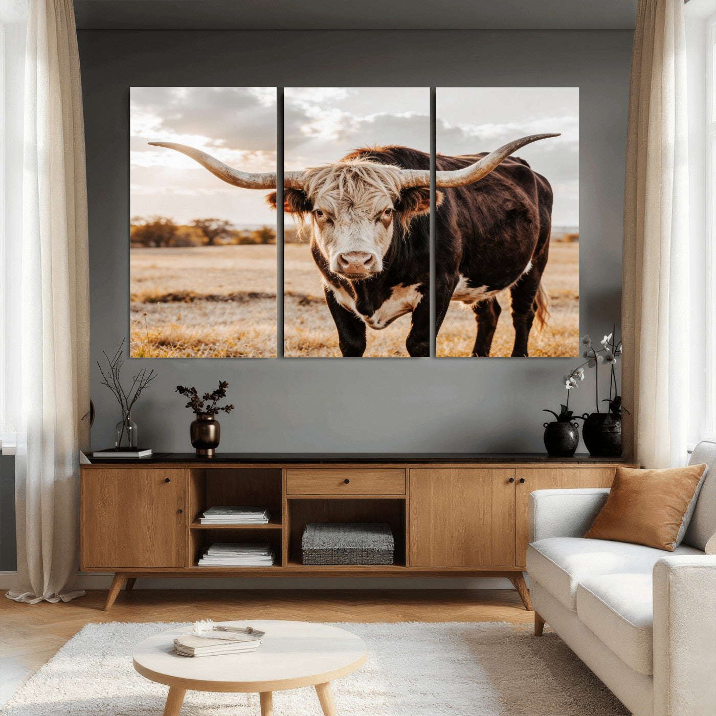 88230279-MGV-CV-36X24 - Texas Longhorn Bull Rustic Wall Art Canvas Print, Western Cattle Photography Canvas Print, Ranch Farm Animal Western Art Printing