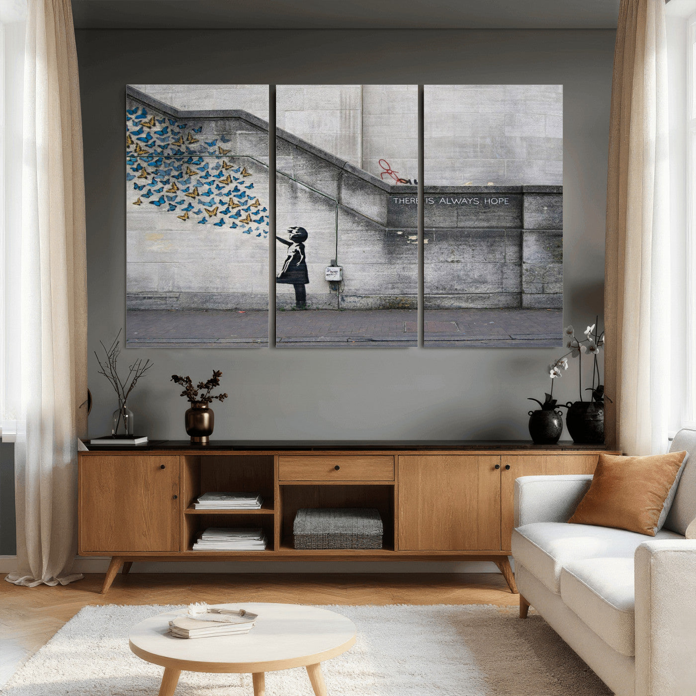 15274223-MGV-CV-36X24 - Banksy Girl with Butterflies Street Art Wall Art Canvas Print, Hope Graffiti Urban Art Canvas Print, Minimalist Inspirational Street Art Contemporary Art Printing