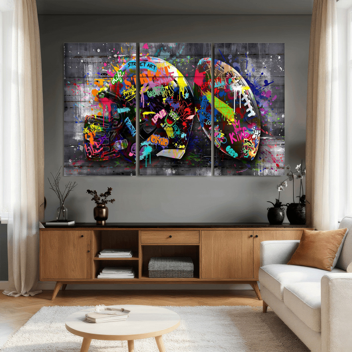 80540773-MGV-CV-36X24 - Graffiti American Football Helmet Street Art Wall Art Canvas Print, Urban Sports Pop Art Football Canvas Print, Colorful Graffiti Sports Contemporary Art Printing