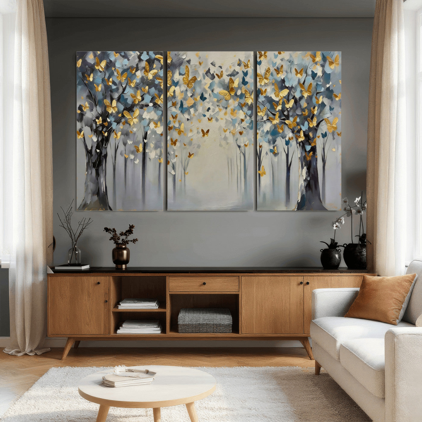 79208191-MGV-CV-36X24 - Golden Butterfly Tree Abstract Wall Art Canvas Print, Modern Elegant Nature Painting Canvas Print, Blue Gold Contemporary Floral Art Printing