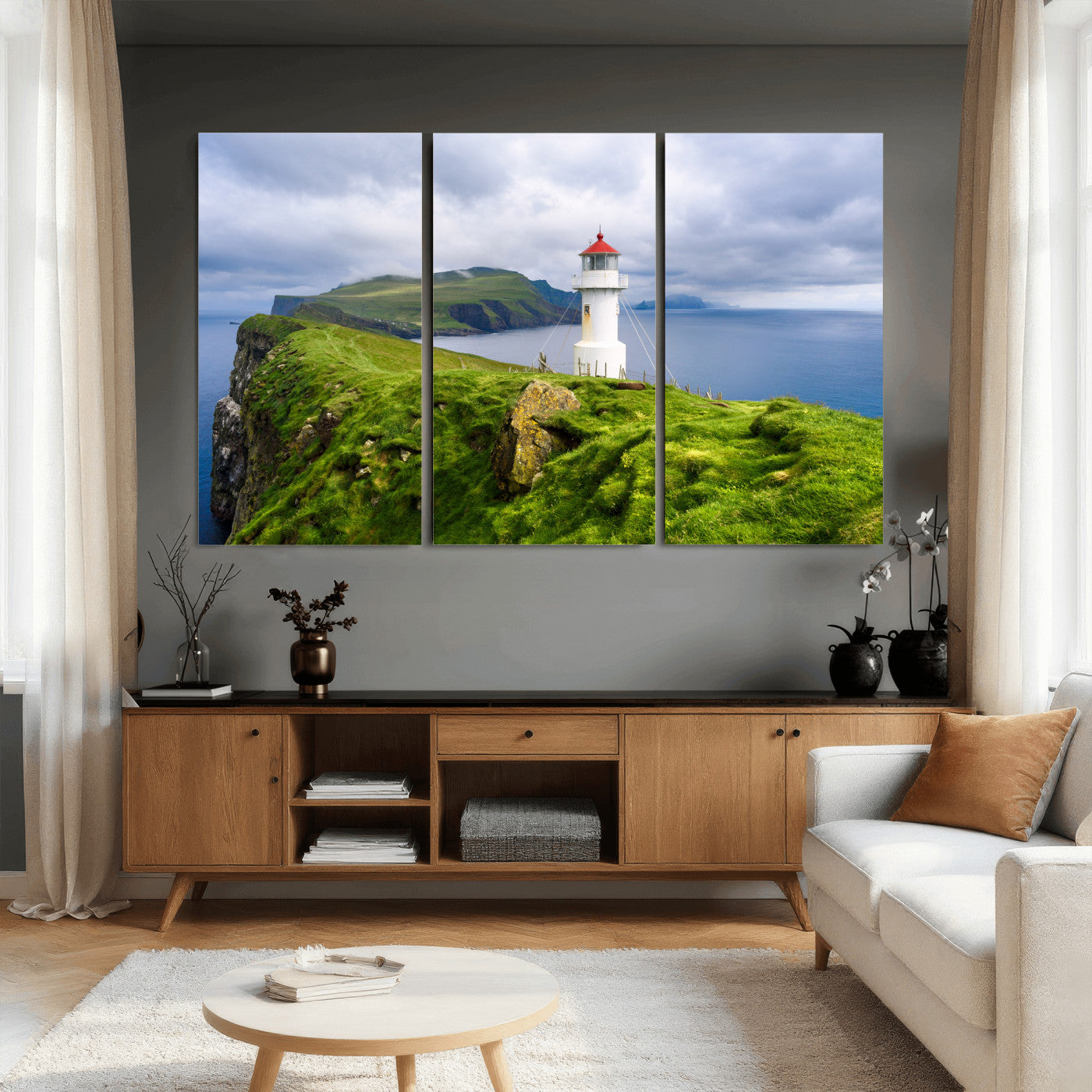 10680390-MGV-CV-36X24 - Coastal Lighthouse Wall Art Canvas Print, Cliffside Ocean Landscape Canvas Print, Scandinavian Coastal Decor for Living Room