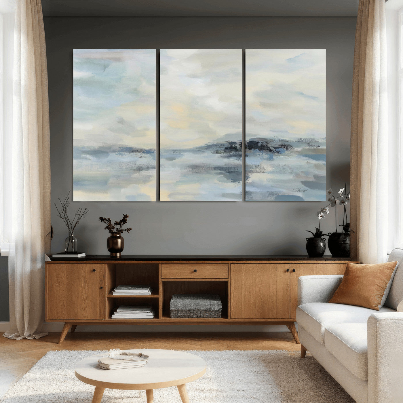 24647355-MGV-CV-36X24 - Abstract Coastal Landscape Wall Art Canvas Print – Soft Blue Gray Minimalist Painting