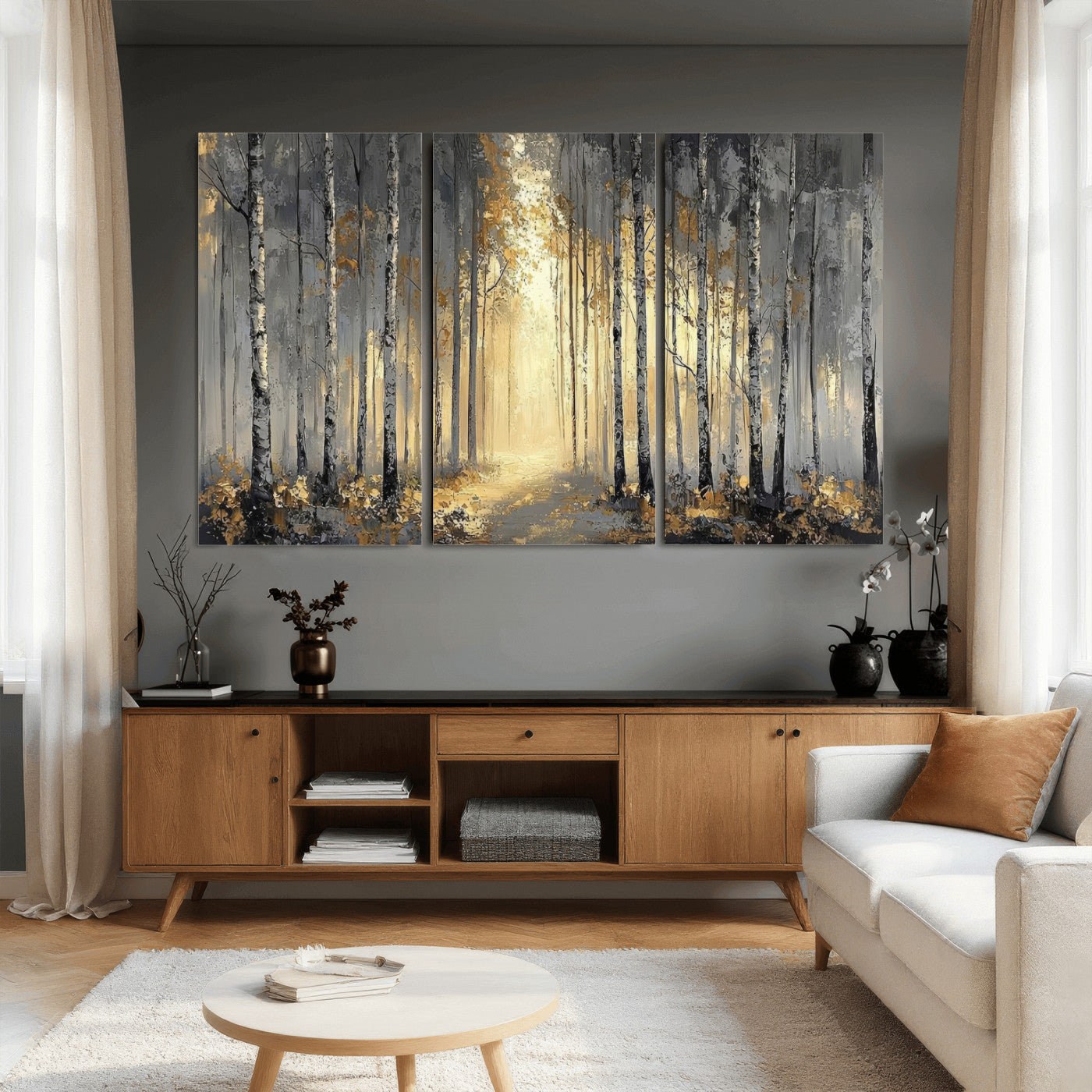 41017042-MGV-CV-36X24 - Abstract Birch Forest Wall Art Canvas Print – Modern Neutral Woodland Landscape Artwork for Living Room Decor