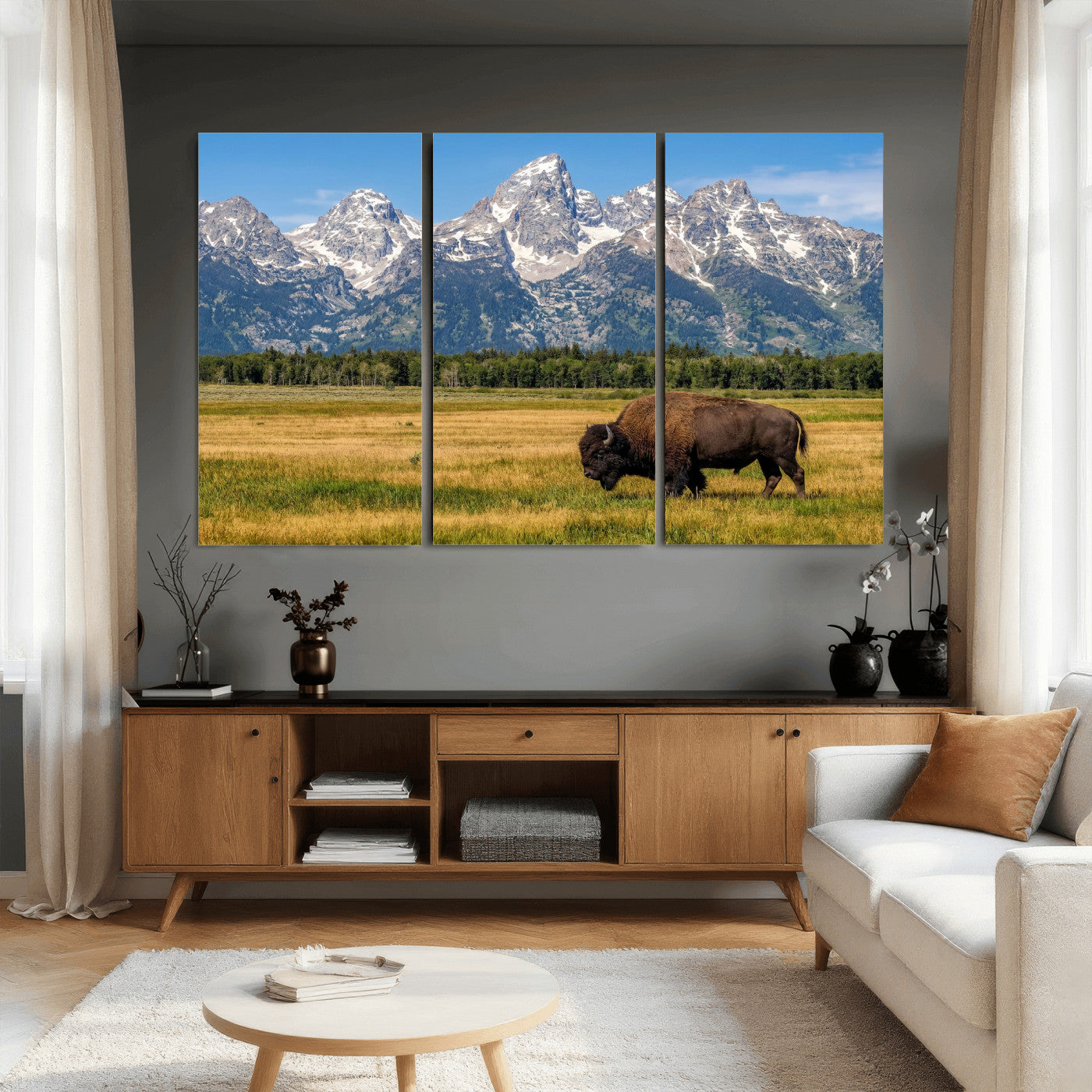 20424529-MGV-CV-36X24 - Bison in Mountain Landscape Wall Art Canvas Print – Western Wildlife Artwork for Rustic Living Room Decor