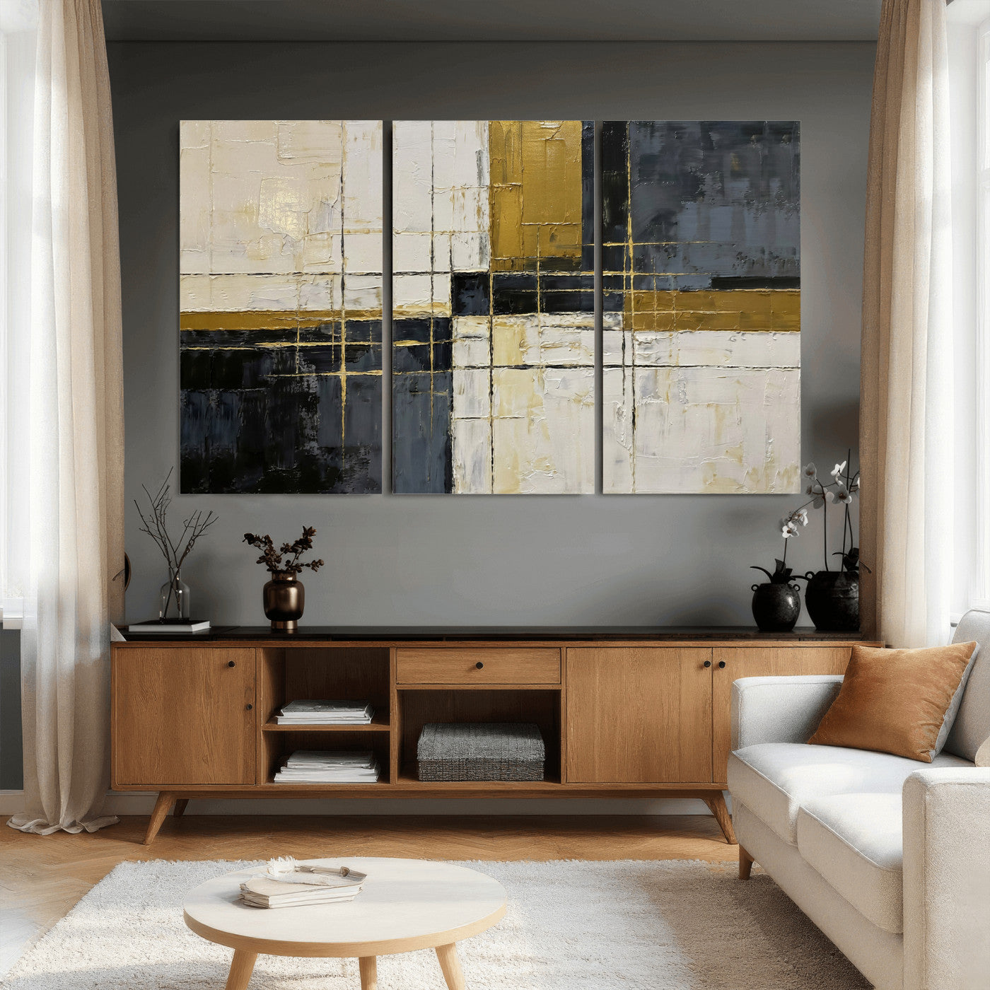 36097945-MGV-CV-36X24 - Abstract Gold and Black Wall Art Canvas Print – Modern Geometric Neutral Artwork for Living Room Decor
