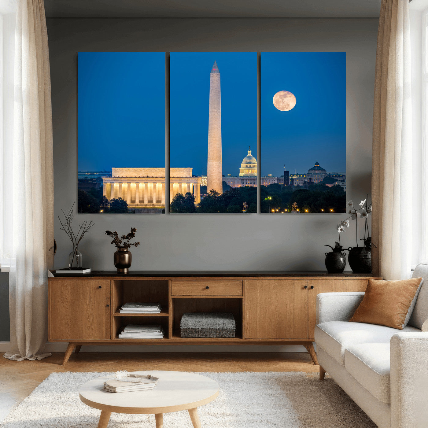 96712946-MGV-CV-36X24 - Washington DC Skyline Wall Art Canvas Print – Lincoln Memorial, Washington Monument and US Capitol Night Cityscape Artwork