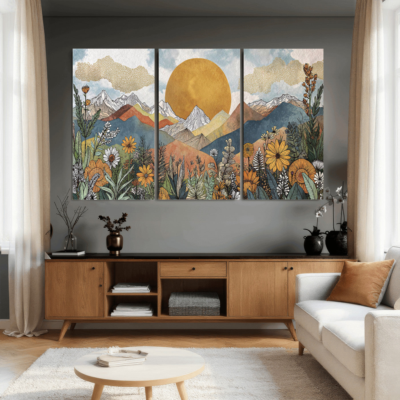17540863-MGV-CV-36X24 - Boho Mountain Landscape Large Wall Art, Horizontal Gold Framed Canvas Print with Sun and Flowers