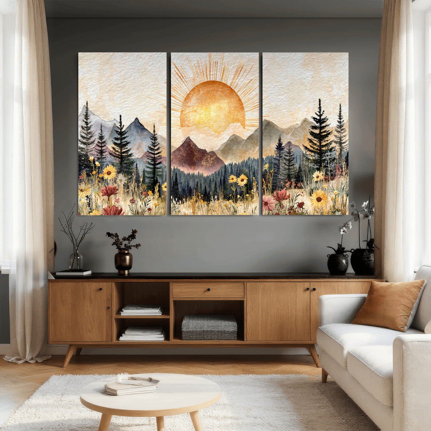 69025244-MGV-CV-36X24 - Boho Mountain Landscape Large Wall Art, Horizontal Gold Framed Canvas Print with Sun and Flowers