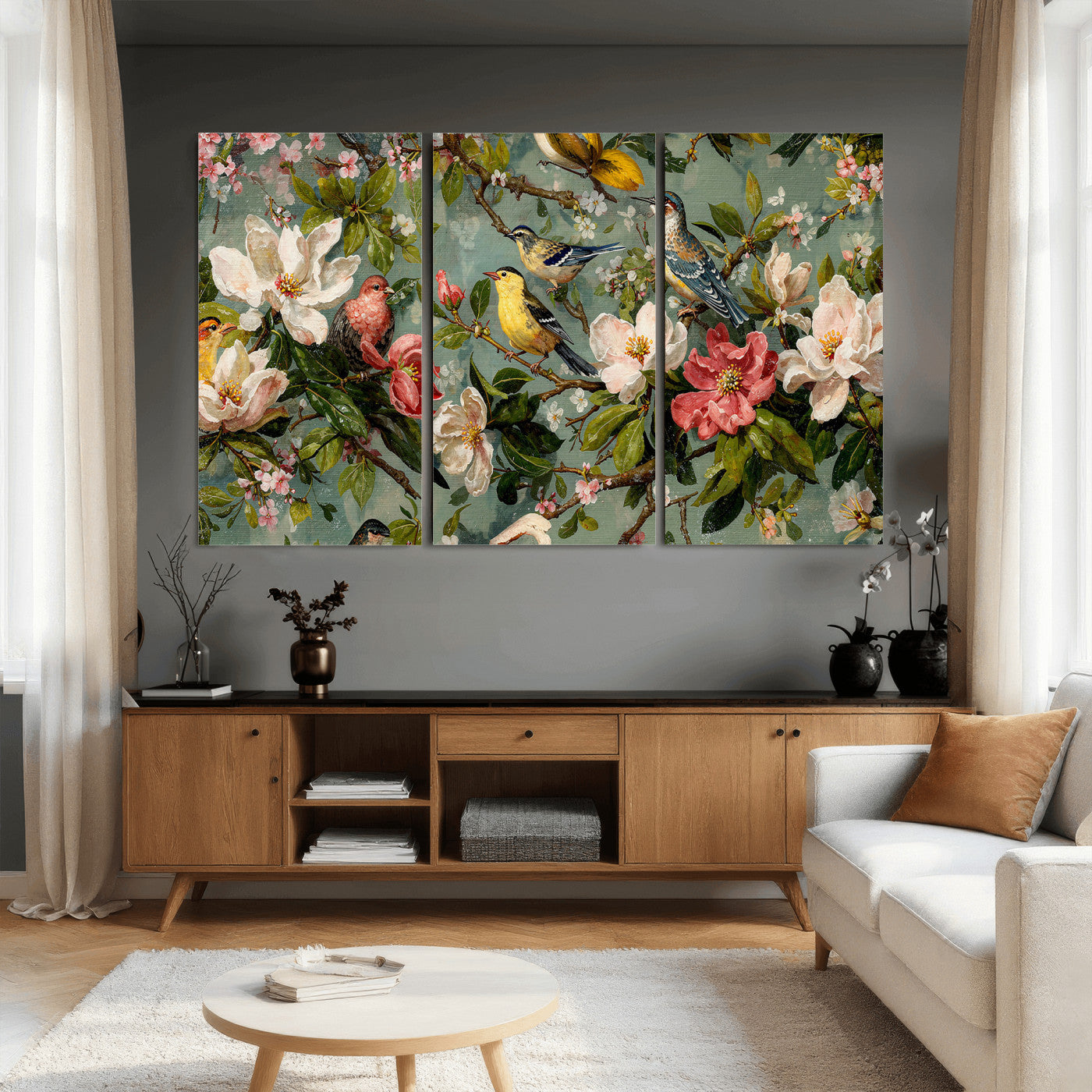 77883606-MGV-CV-36X24 - Vintage Birds and Flowers Wide Wall Art: Extra Large Panoramic Botanical Print