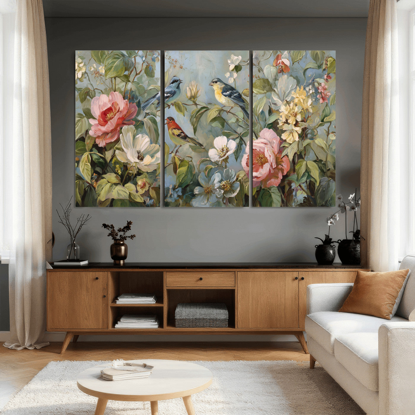 55440837-MGV-CV-36X24 - Vintage Birds and Flowers Wall Art Canvas Print, Botanical Bird Painting Canvas Print, Floral Garden Bird Artwork Canvas Print, Classic Bird Flower Painting Canvas Print