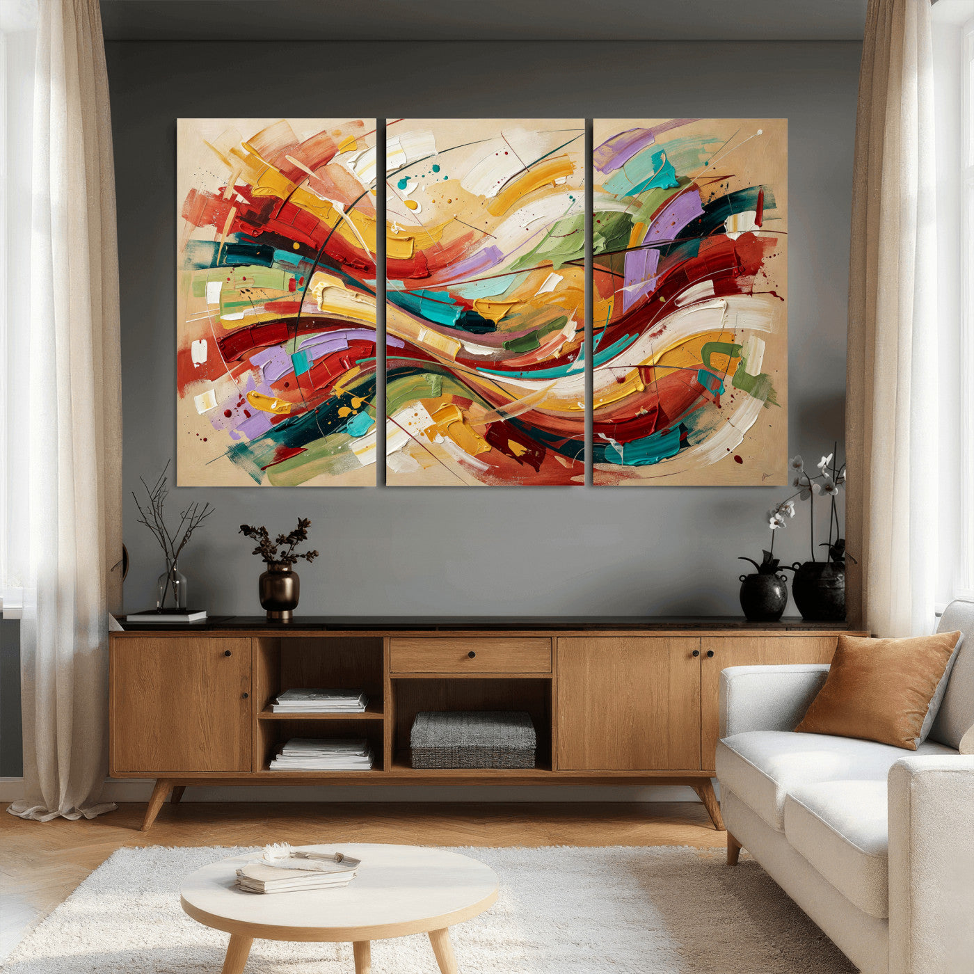 39887645-MGV-CV-36X24 - Geometric Abstract Wall Art Canvas Print, Orange Blue Abstract Expressionist Painting Print, Modern Geometric Abstract Canvas Art