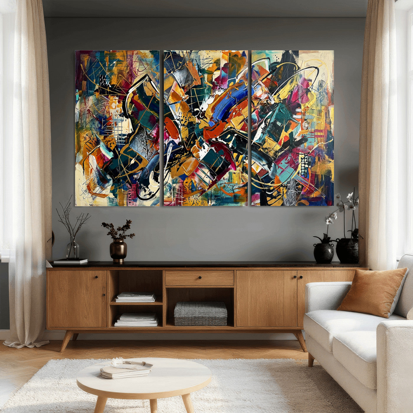 15525527-MGV-CV-36X24 - Geometric Abstract Wall Art Canvas Print, Orange Blue Abstract Expressionist Painting Print, Modern Geometric Abstract Canvas Art