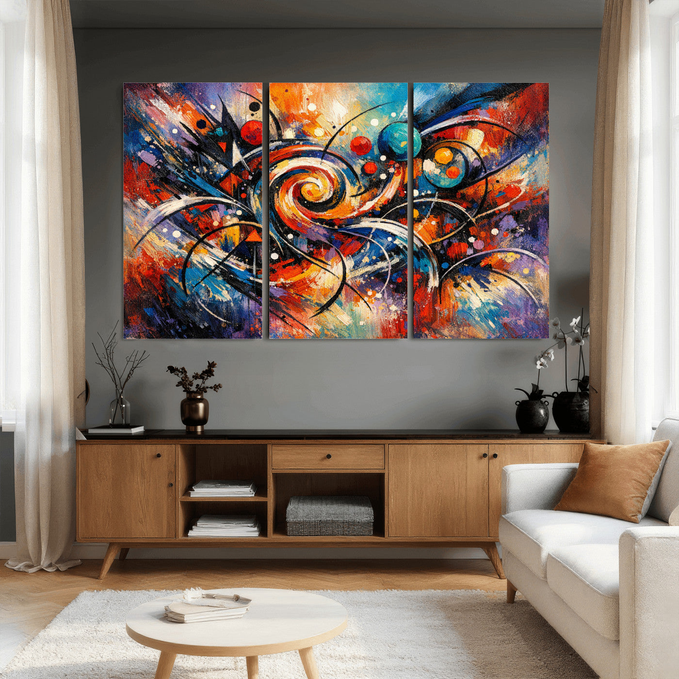 60193267-MGV-CV-36X24 - Geometric Abstract Wall Art Canvas Print, Orange Blue Abstract Expressionist Painting Print, Modern Geometric Abstract Canvas Art