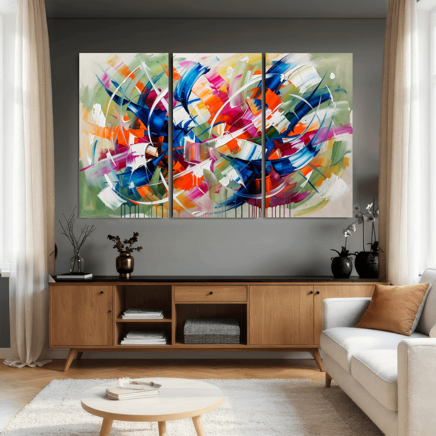 15032888-MGV-CV-36X24 - Geometric Abstract Wall Art Canvas Print, Orange Blue Abstract Expressionist Painting Print, Modern Geometric Abstract Canvas Art