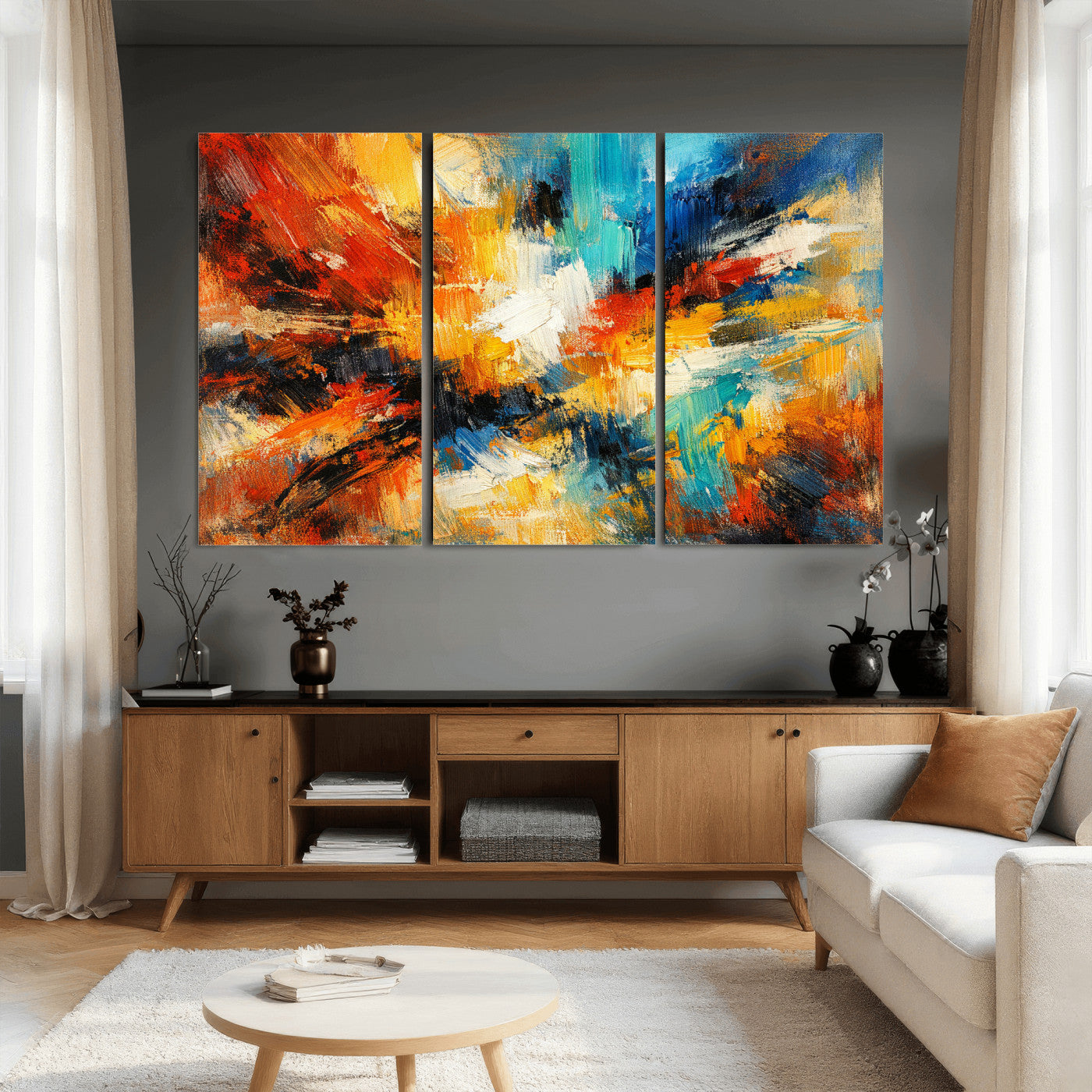 93167583-MGV-CV-36X24 - Geometric Abstract Wall Art Canvas Print, Orange Blue Abstract Expressionist Painting Print, Modern Geometric Abstract Canvas Art
