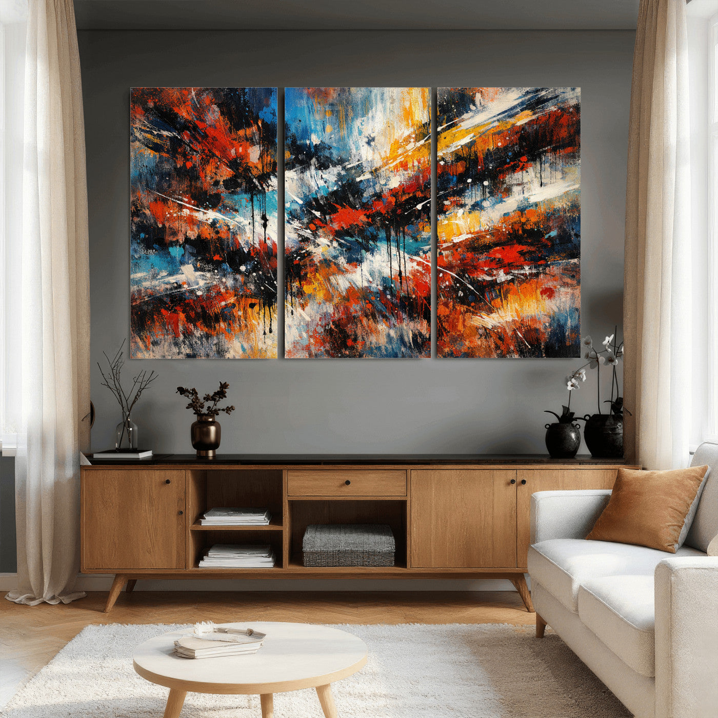 80276069-MGV-CV-36X24 - Geometric Abstract Wall Art Canvas Print, Orange Blue Abstract Expressionist Painting Print, Modern Geometric Abstract Canvas Art