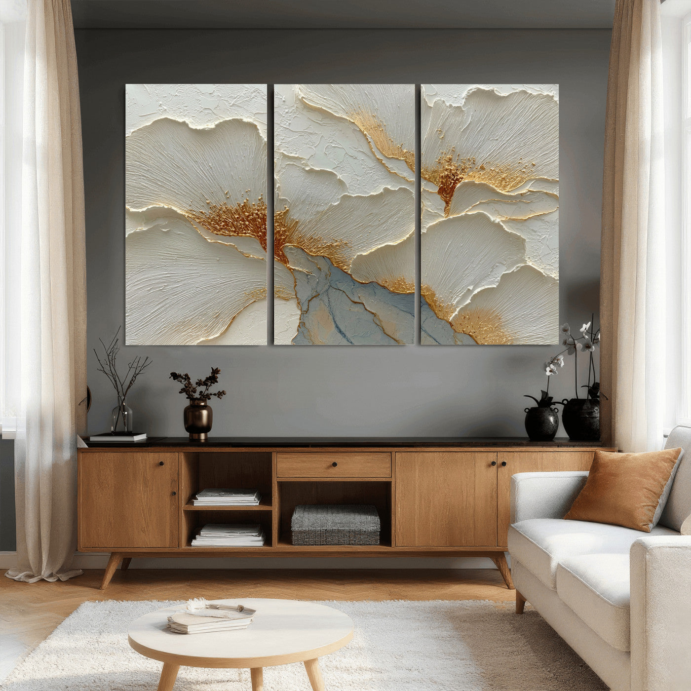 4712069F1-MGV-CV-36X24 - White Gold Floral Canvas Wall Art — Textured Flower Print | Luxury Botanical Decor | Elegant Bedroom Art | Gold Leaf Wall Art Gift