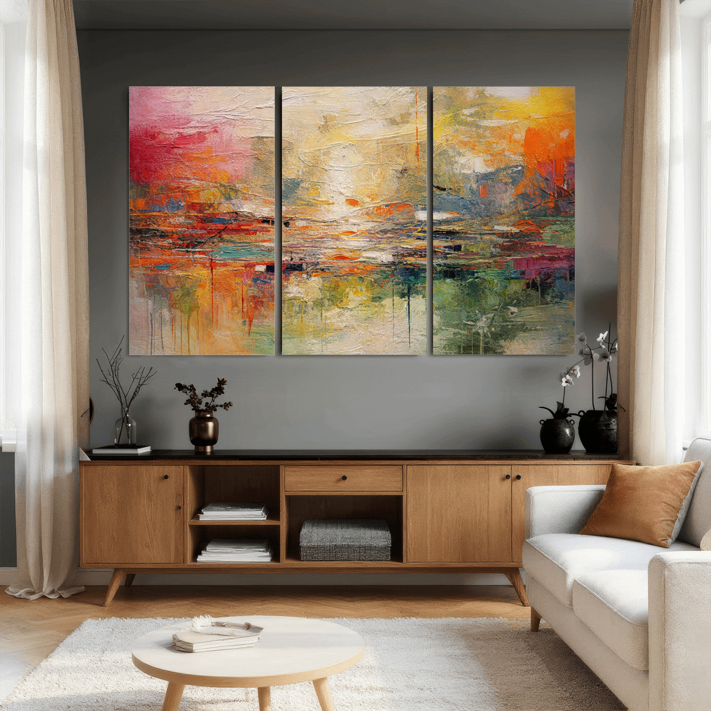 4712069P1-MGV-CV-36X24 - Colorful Abstract Canvas Wall Art — Large Textured Oil Painting Style Print | Orange Red Boho Wall Decor | Modern Living Room Art | Bold Wall Art