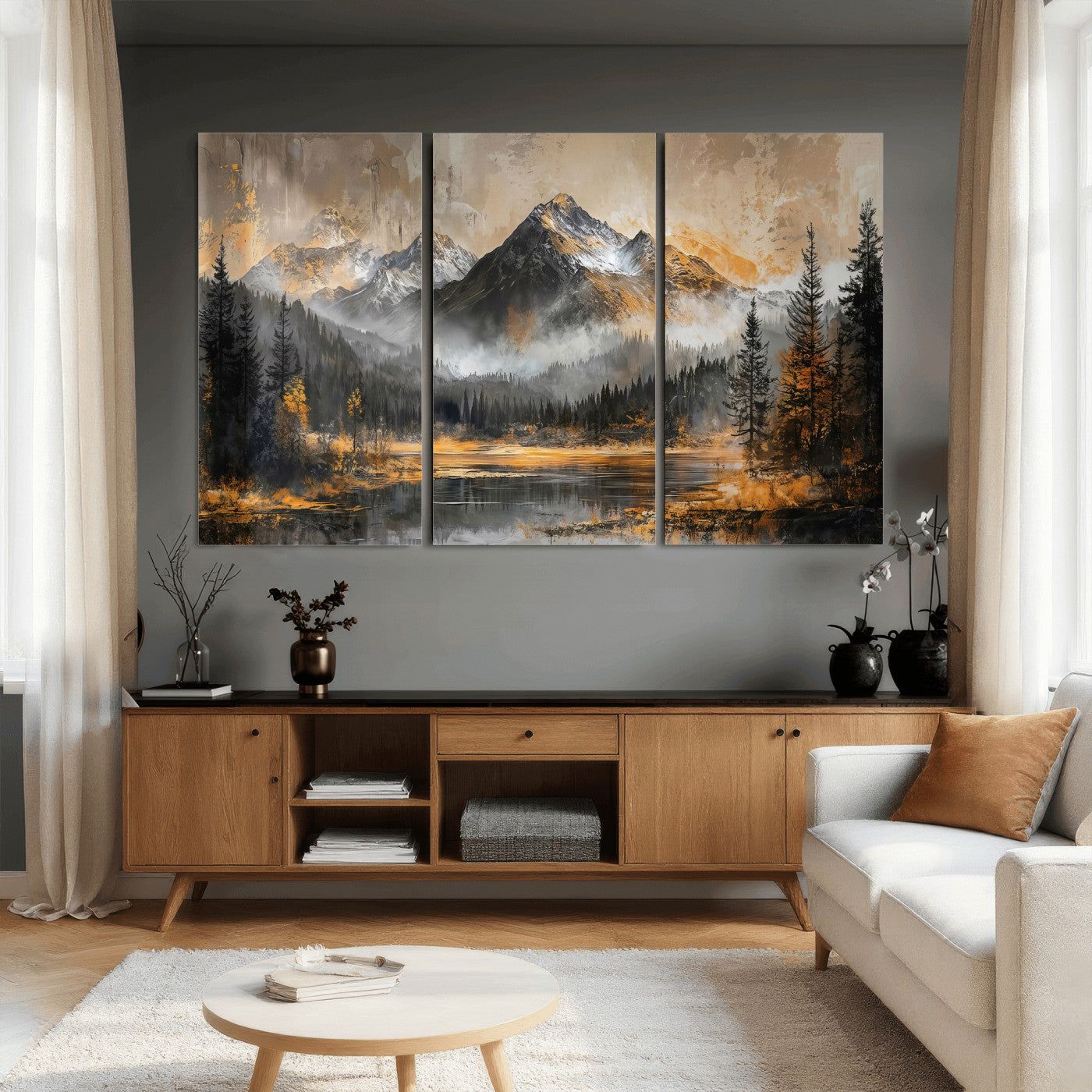 4712069D1-MGV-CV-36X24 - Mountain Lake Canvas Wall Art — Rustic Forest Landscape Print | Gold Grey Nature Decor | Cabin Wall Art | Large Wilderness Art Print Gift