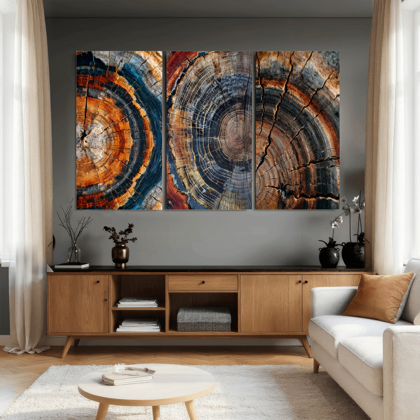 4712069W1-MGV-CV-48X32-3P - Tree Ring Triptych Canvas Wall Art — Set of 3 Wood Grain Print | Rustic Nature Decor | Earth Tone Wall Art | Unique Living Room Art Gift