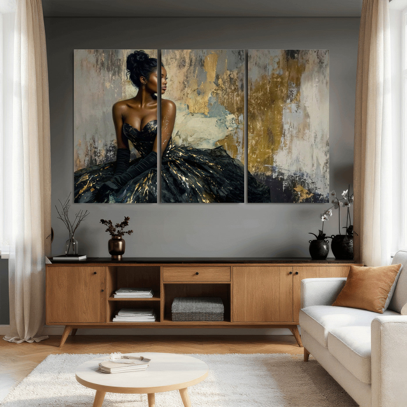 4712069Z1-MGV-CV-36X24 - Elegant Woman Canvas Wall Art — Black Gold Gown Fashion Print | Luxury Glam Wall Decor | African American Art | Bold Bedroom Wall Art Gift