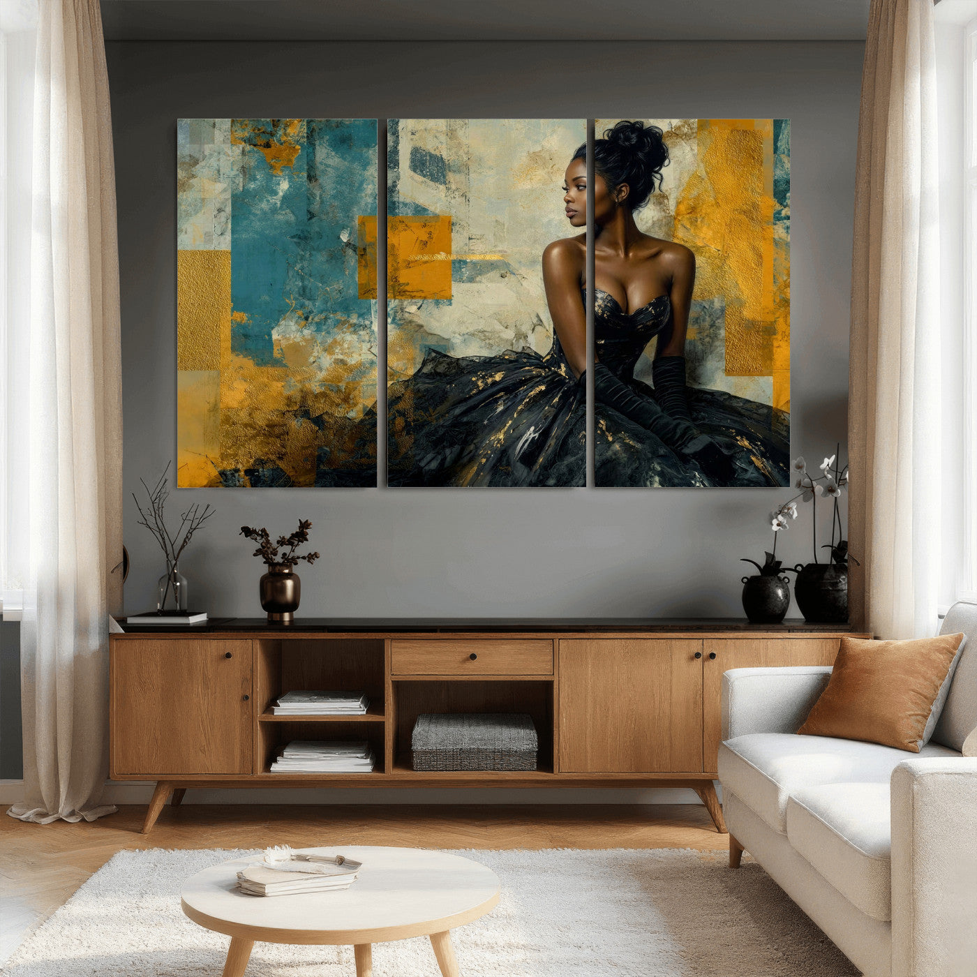 4712069Z21-MGV-CV-36X24 - Elegant Woman Canvas Wall Art — Black Gold Gown Fashion Print | Luxury Glam Wall Decor | African American Art | Bold Bedroom Wall Art Gift