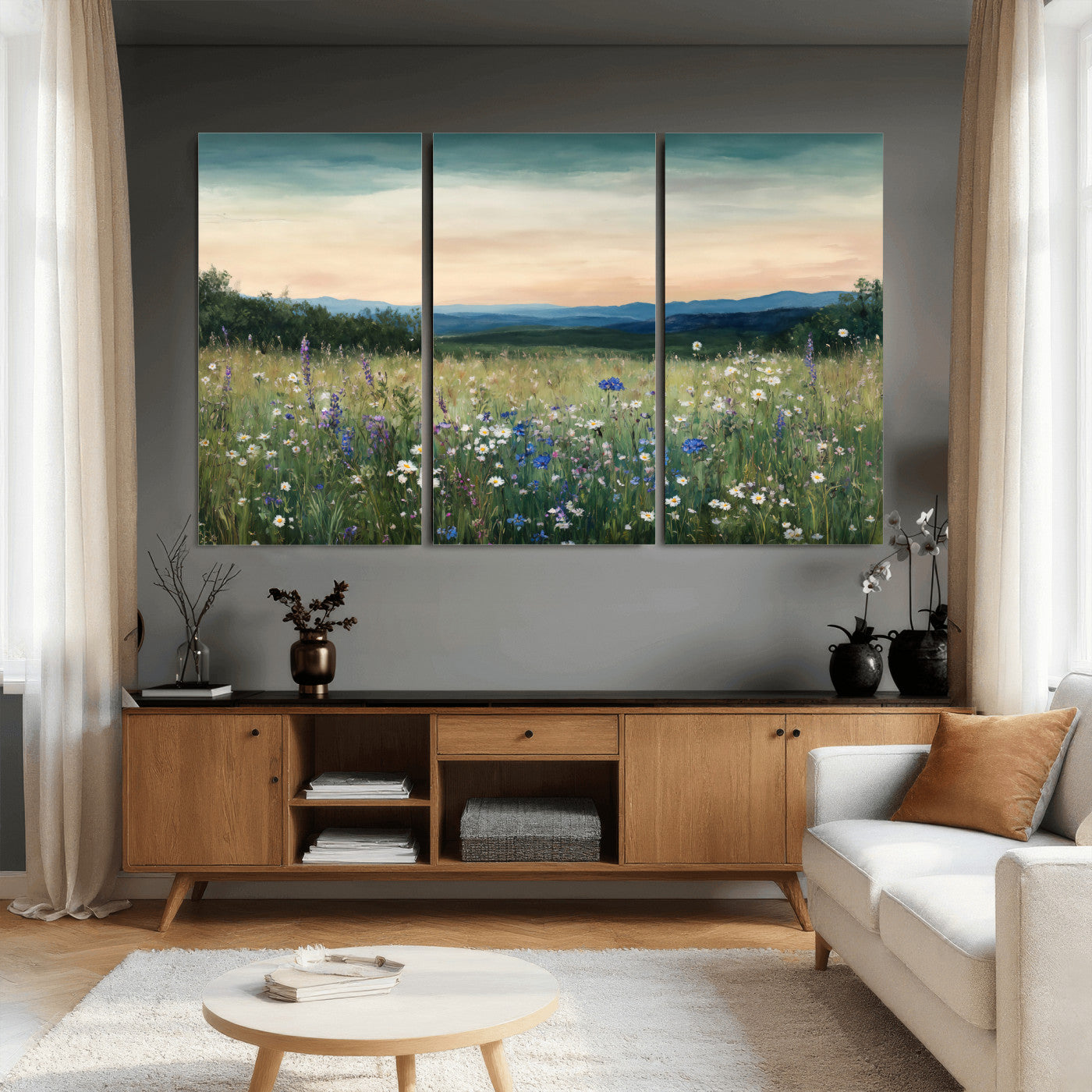 35773805-MGV-CV-36X24 - Wildflower Meadow Oil Painting Canvas Print - Daisy Lavender Mountain Sunset Print | Cottagecore Floral Wall Art - Bedroom Decor Gift for Her
