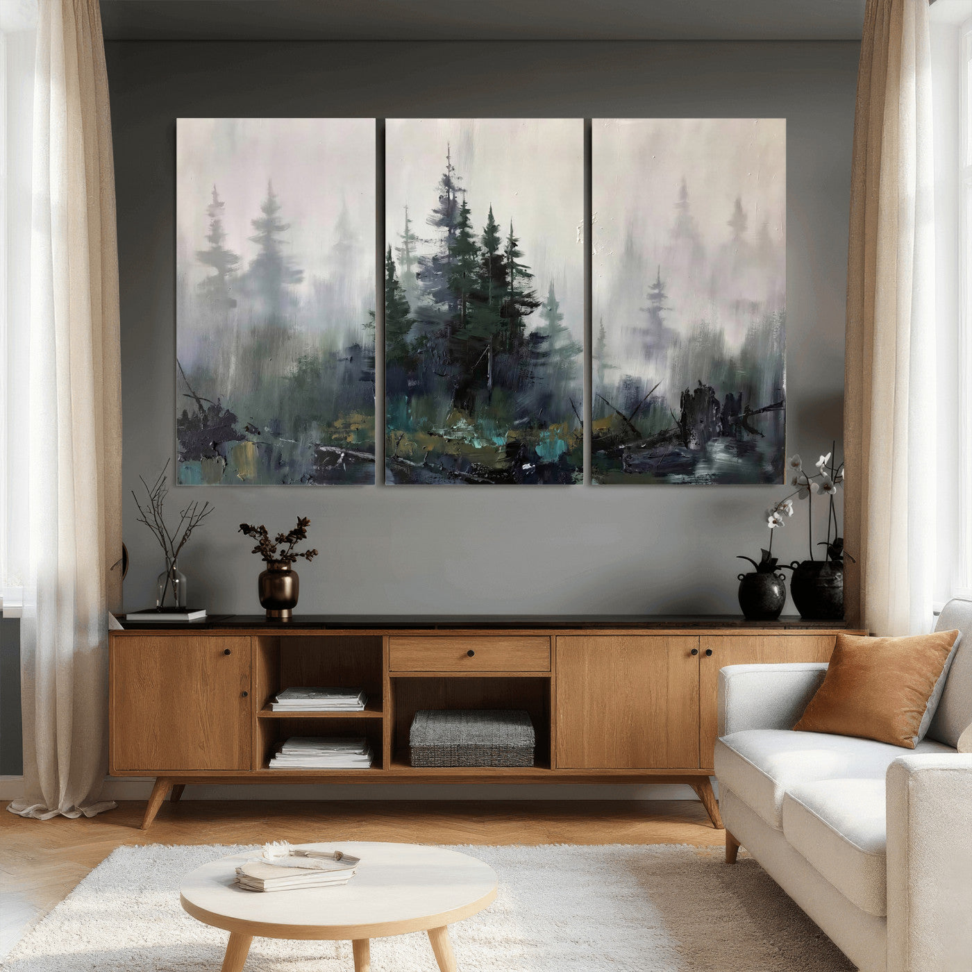 94143325-MGV-CV-36X24 - Misty Pine Forest Oil Painting Canvas — Dark Moody Teal Grey Tree Print | Japandi Scandinavian Wall Art | Minimalist Nature Decor Gift