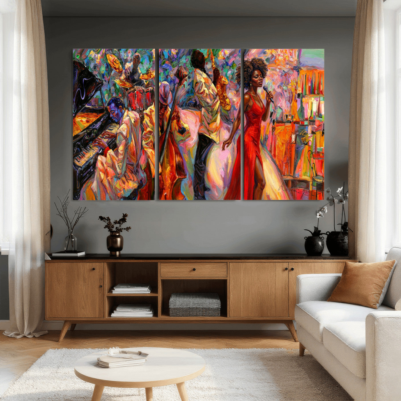 72615137-MGV-CV-36X24 - African American Jazz Singer Canvas Art - Red Dress Black Woman Music Print | Colorful Jazz Band Wall Decor | Living Room Gift for Her
