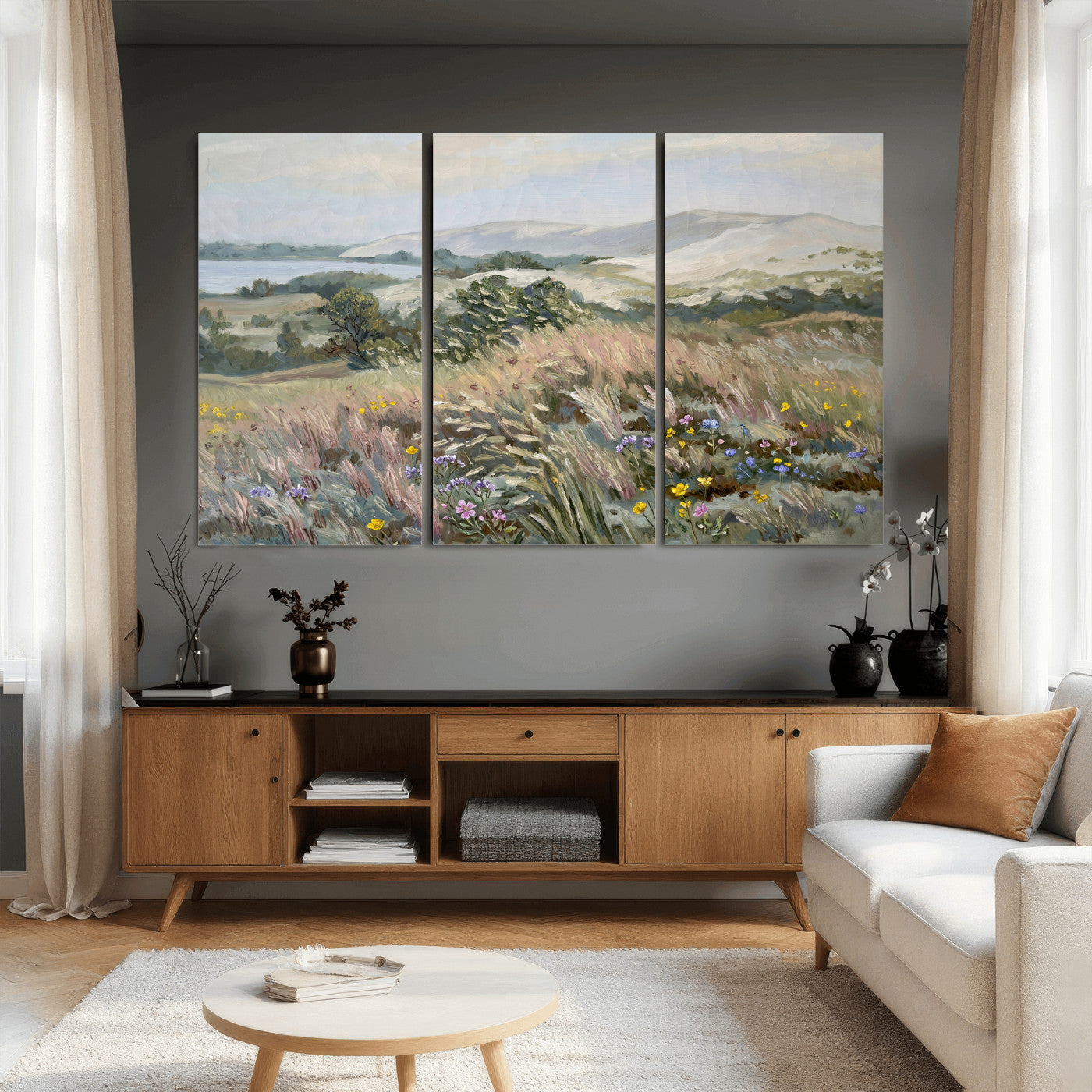 18013232-MGV-CV-36X24 - Katie Staples Hillside Canvas Wall Art — Coastal Wildflower Dune Oil Painting Print | Muted Green Nature Decor | Plein Air Landscape Gift