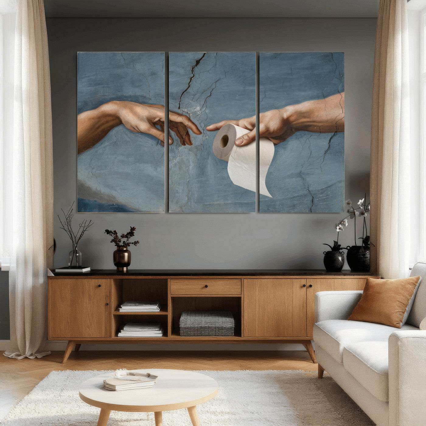 42648143-MGV-CV-36X24 - Funny Bathroom Canvas Wall Art, Michelangelo Creation of Adam Toilet Paper Parody, Renaissance Humor Print, Quirky Housewarming Gift, Toilet Room Decor