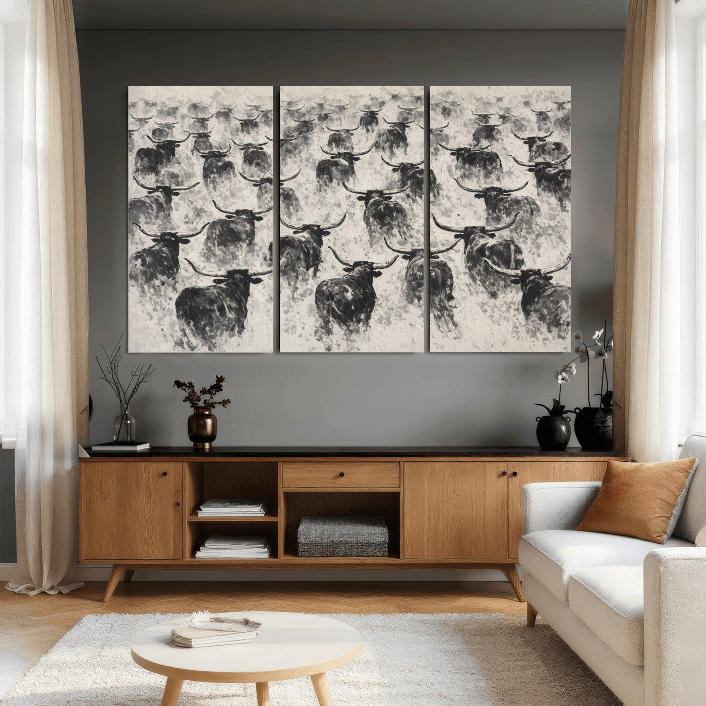 73328525-MGV-CV-36X24 - Texas Longhorn Drawing Canvas Wall Art, Western Cattle Stampede Painting Print, Warm Amber Ranch Decor, Rustic Cowboy Home Art, Large Living Room Decor