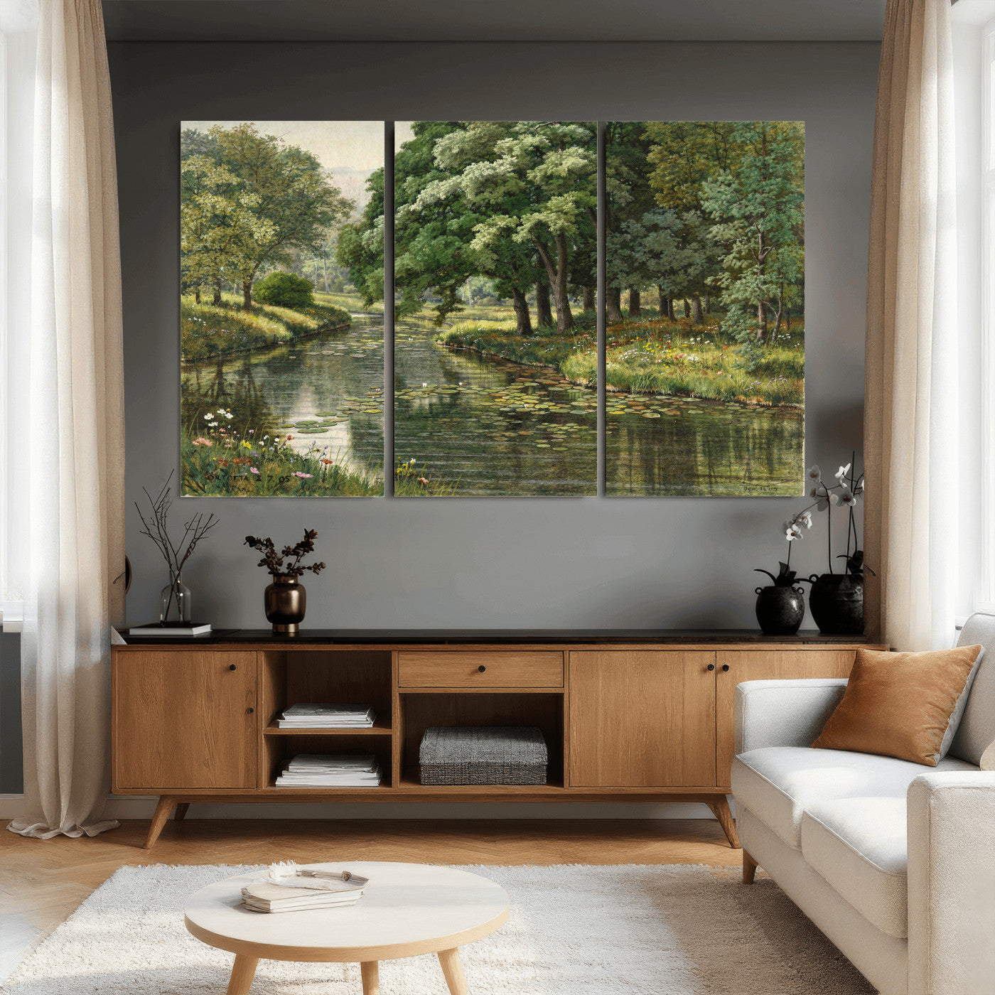 44288560-MGV-CV-36X24 - Forest Stream Canvas Wall Art, Peder Monsted A Forest Stream 1905 Print, Danish Realist Landscape, Lily Pad River Nature Decor, Vintage Green Painting