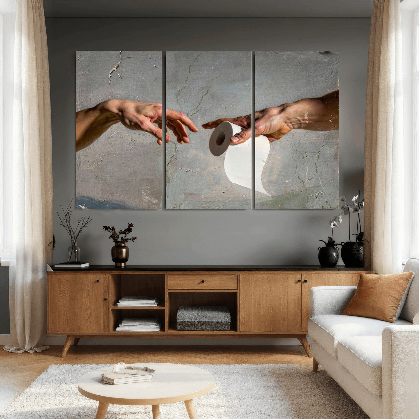 72030048-MGV-CV-36X24 - Funny Bathroom Wall Art Canvas, Creation of Toilet Paper Parody Print, Renaissance Humor Decor, Toilet Room Art, Quirky Housewarming Gift, Classic Art Spoof