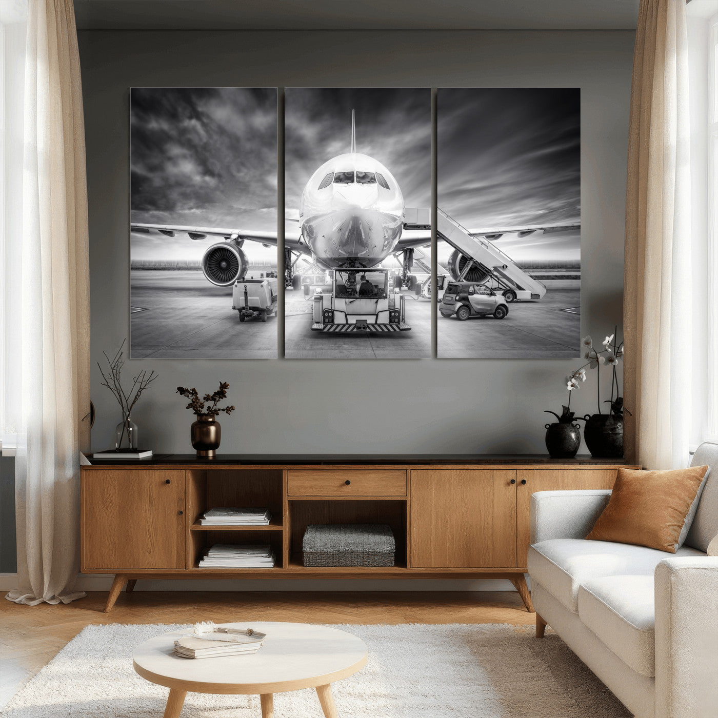 85885848-MGV-CV-36X24 - Airplane Wall Art Canvas Print, Black and White Jet Aircraft Airport Runway Framed Aviation Artwork for Pilot Office Hangar Travel Decor