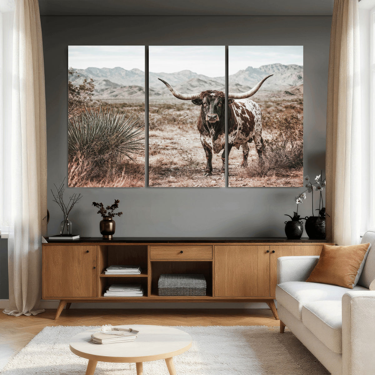 17622011H-MGV-CV-36X24 - Texas Longhorn Bull Wall Art Canvas Print, Western Farmhouse Cowboy Decor, Rustic Texas Ranch Cattle Artwork for Living Room Bedroom Office, Framed Wall Decor