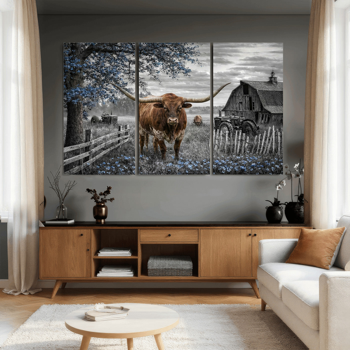 19366343-MGV-CV-36X24 - Texas Longhorn Canvas Wall Art, Rustic Farm Barn Bluebonnet Photography Print, Farmhouse Country Decor, Western Ranch Art, Old Truck Tractor Print