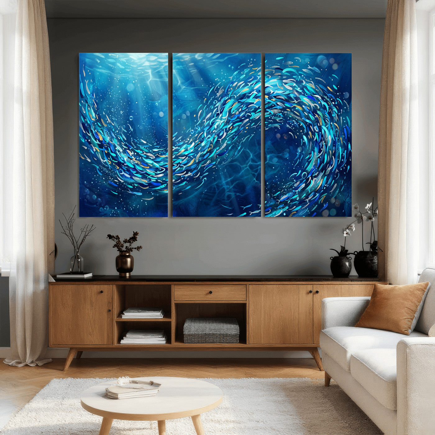 54535639-MGV-CV-36X24 - School of Fish Canvas Print | Blue Ocean Underwater Wall Art | Swirling Fish Shoal Illustration | Marine Navy Coastal Decor