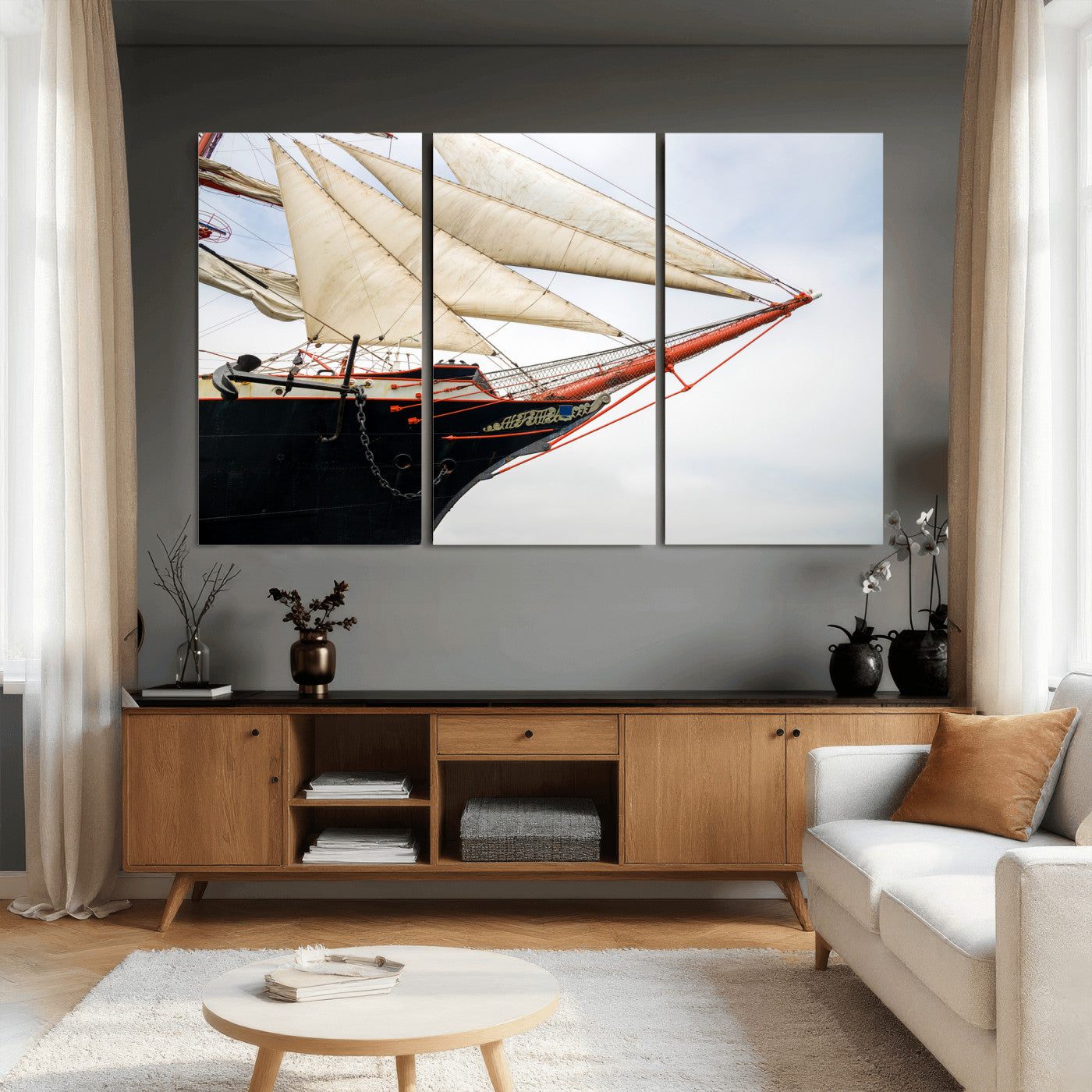 64830036-MGV-CV-36X24 - Sailboat Wall Art Canvas Print, Vintage Ship Bow Framed Artwork, Nautical Sailing Decor for Living Room Office Beach House