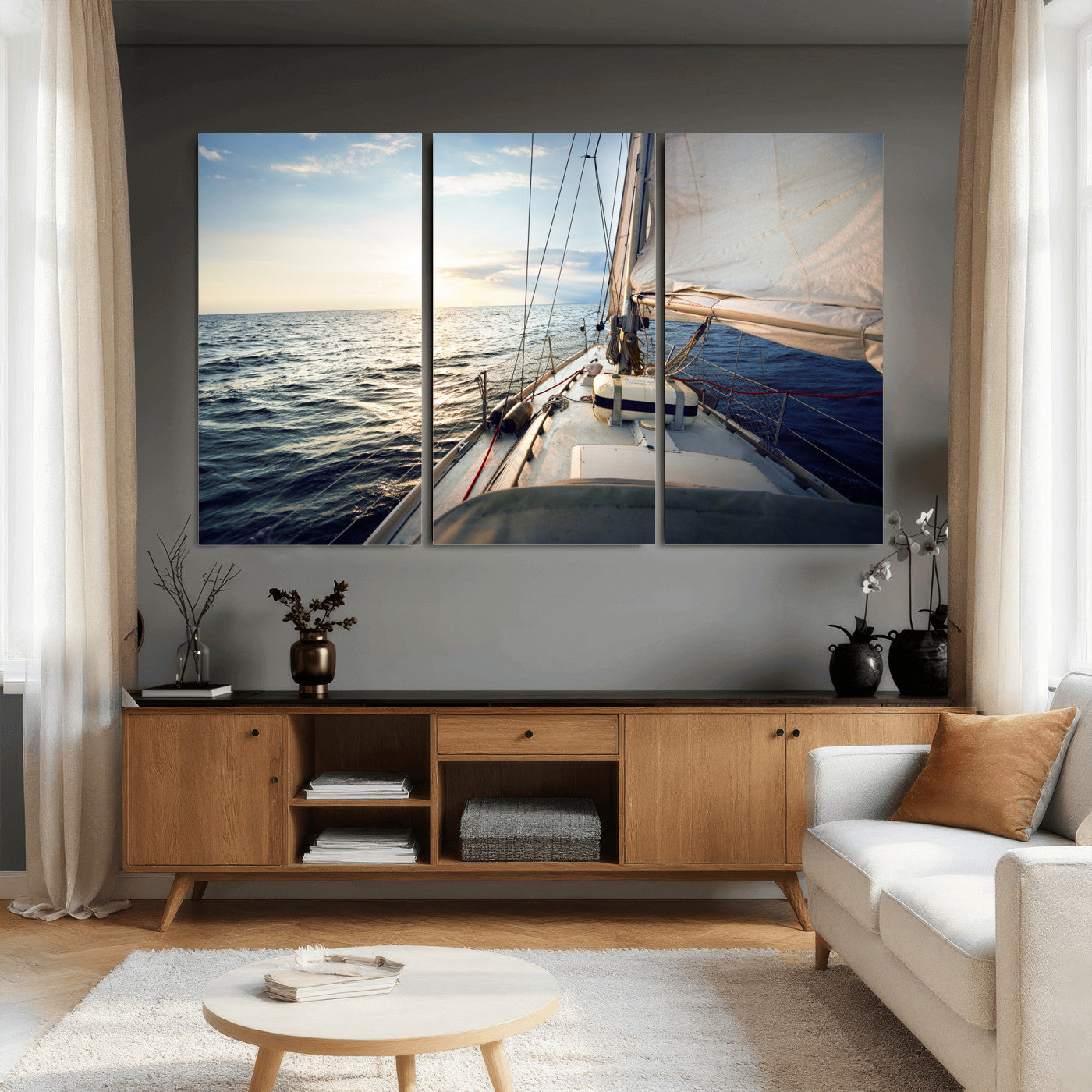 76381335-MGV-CV-36X24 - Sailboat Wall Art Canvas Print, Ocean Sunset Sailing Framed Artwork, Coastal Nautical Seascape Decor for Living Room Office Beach House