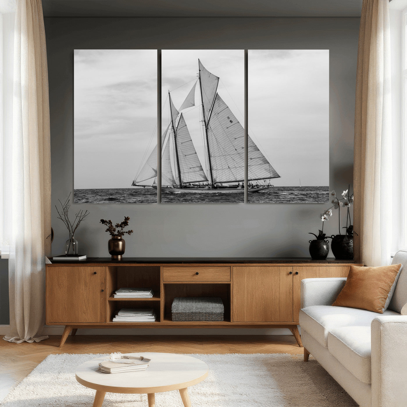 52882918-MGV-CV-36X24 - Vintage Sailboat Wall Art Canvas Print, Black and White Schooner Framed Artwork, Nautical Ocean Sailing Decor for Living Room Office Beach House
