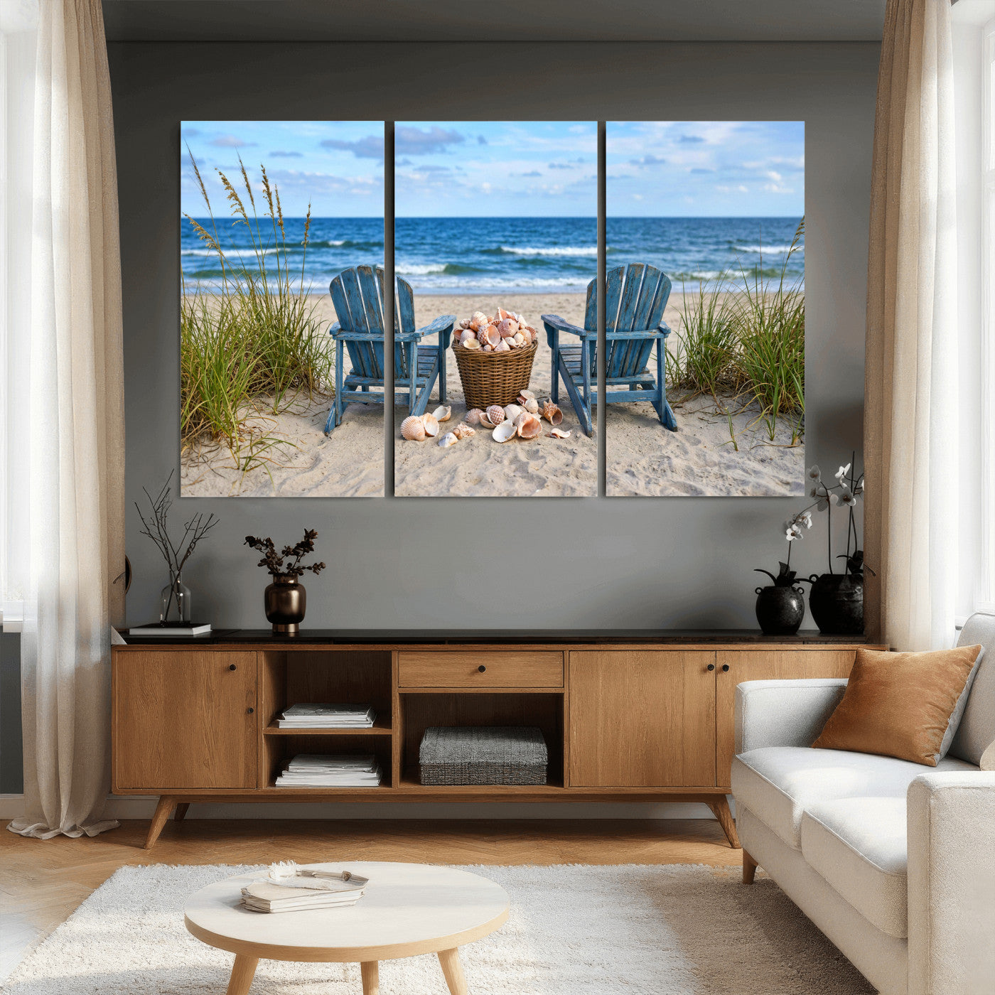 80268829-MGV-CV-36X24 - Large Beach Canvas Wall Art Coastal Adirondack Chairs Ocean Seashells Blue Nautical Framed Large for Living Room Bedroom Bathroom Decor