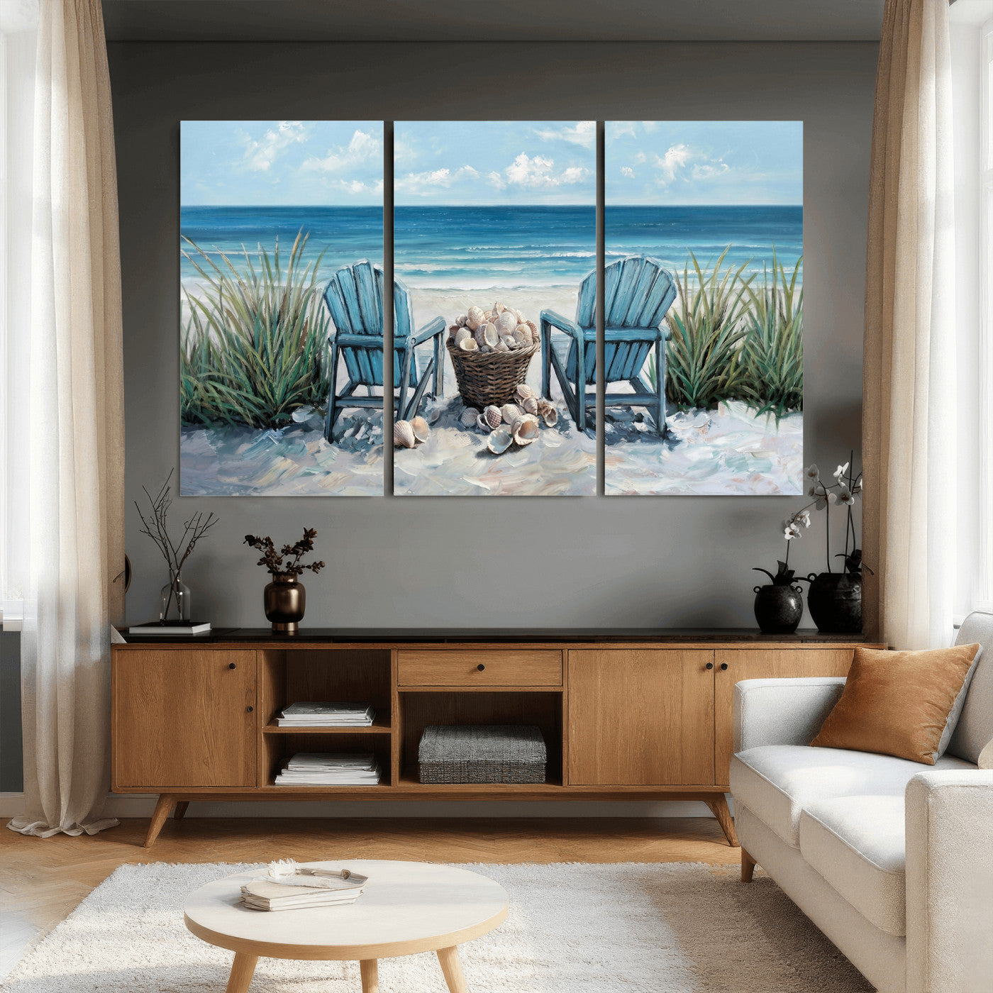 11973028-MGV-CV-36X24 - Beach Canvas Wall Art Coastal Adirondack Chairs Ocean Seashells Blue Nautical Framed Large for Living Room Bedroom Bathroom Decor