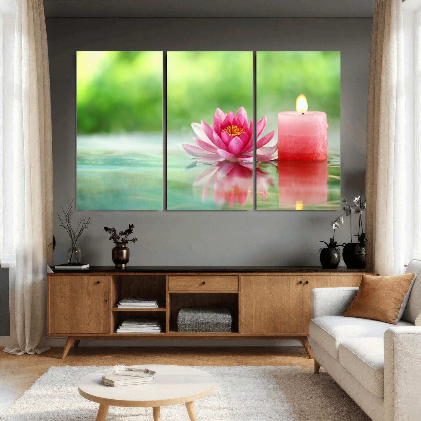 17661715-MGV-CV-36X24 - Zen Lotus Candle Canvas Wall Art Pink Spa Meditation Relaxation Green Bokeh Framed Large for Bathroom Bedroom Living Room Office Decor
