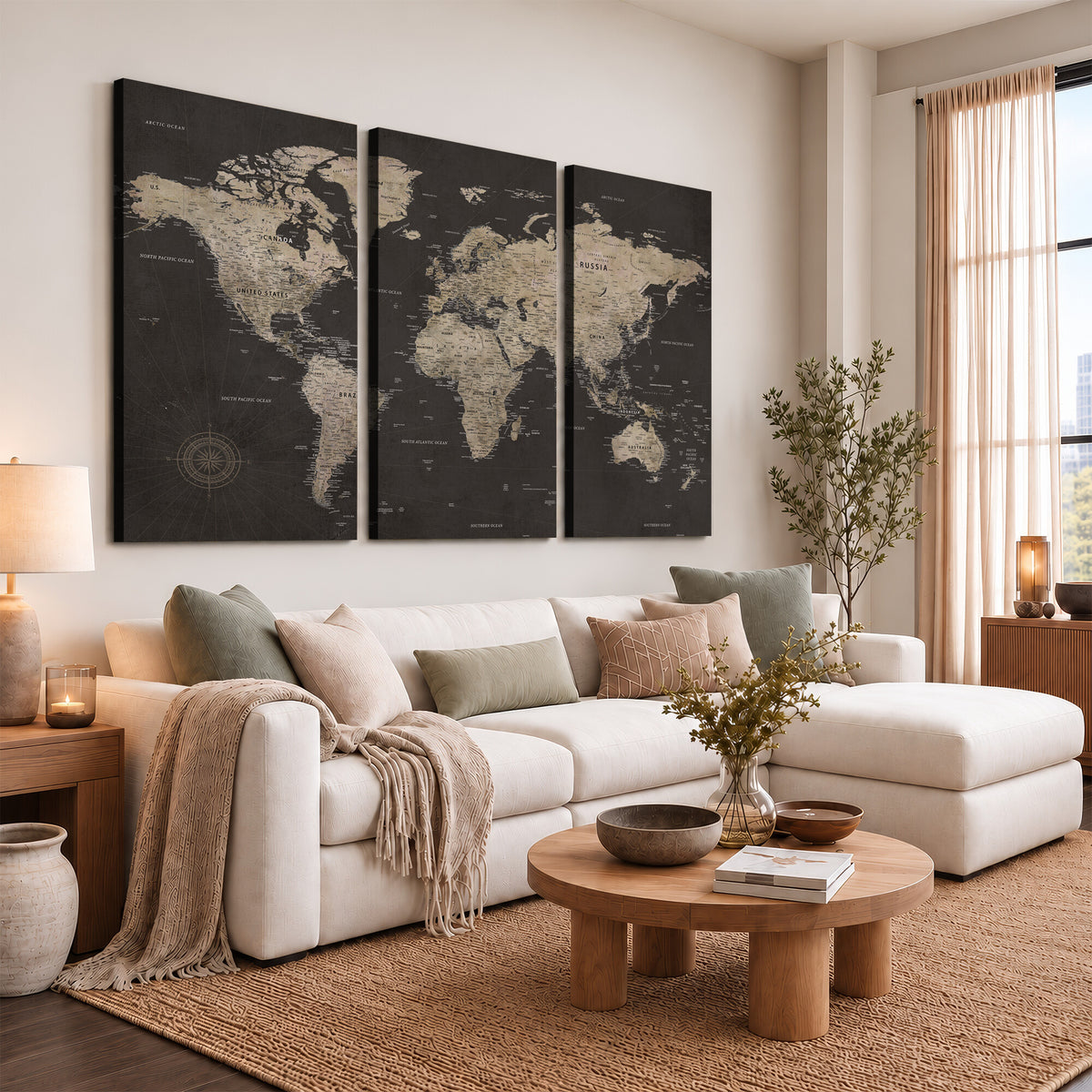 56556018136-MGV-CV-36X24 - World Map Canvas Wall Art, Dark Charcoal and Antique Tan Detailed Map