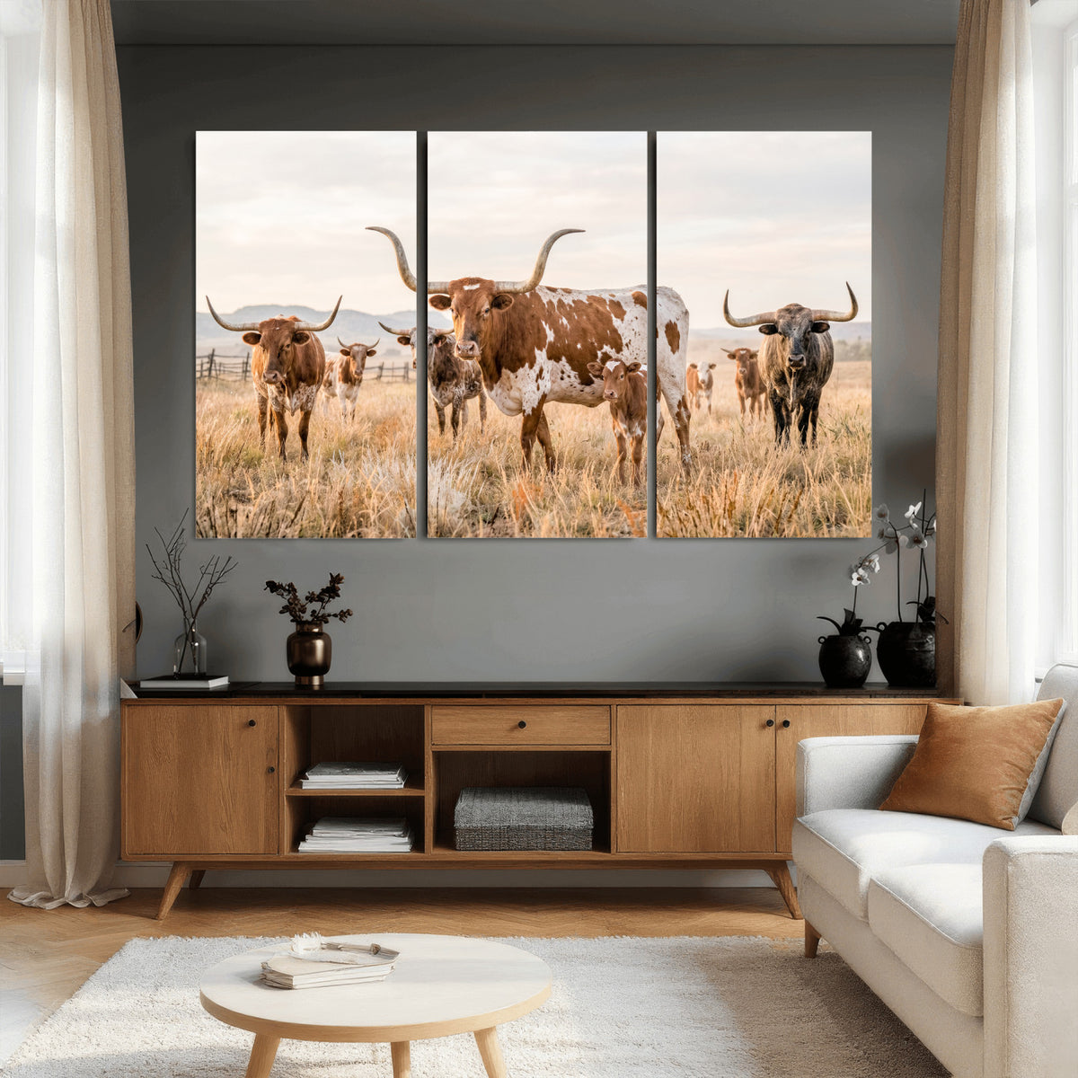 62336425AC-MGV-CV-36X24 - Texas Longhorn Canvas Wall Art, Rustic Farm Animal Photography Print, Farmhouse Country Decor, Western Ranch Art