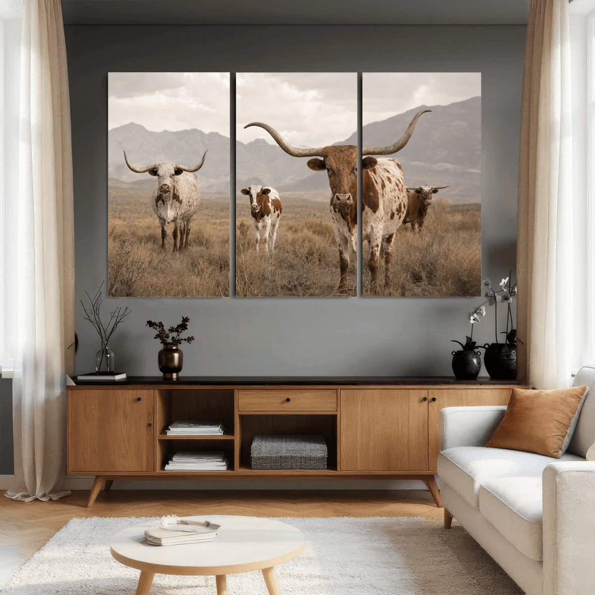 62336425AD-MGV-CV-36X24 - Rustic Texas Longhorn Cow Canvas Wall Art Print, Rustic Farm Animal Photography Print, Farmhouse Country Decor, Western Ranch Art